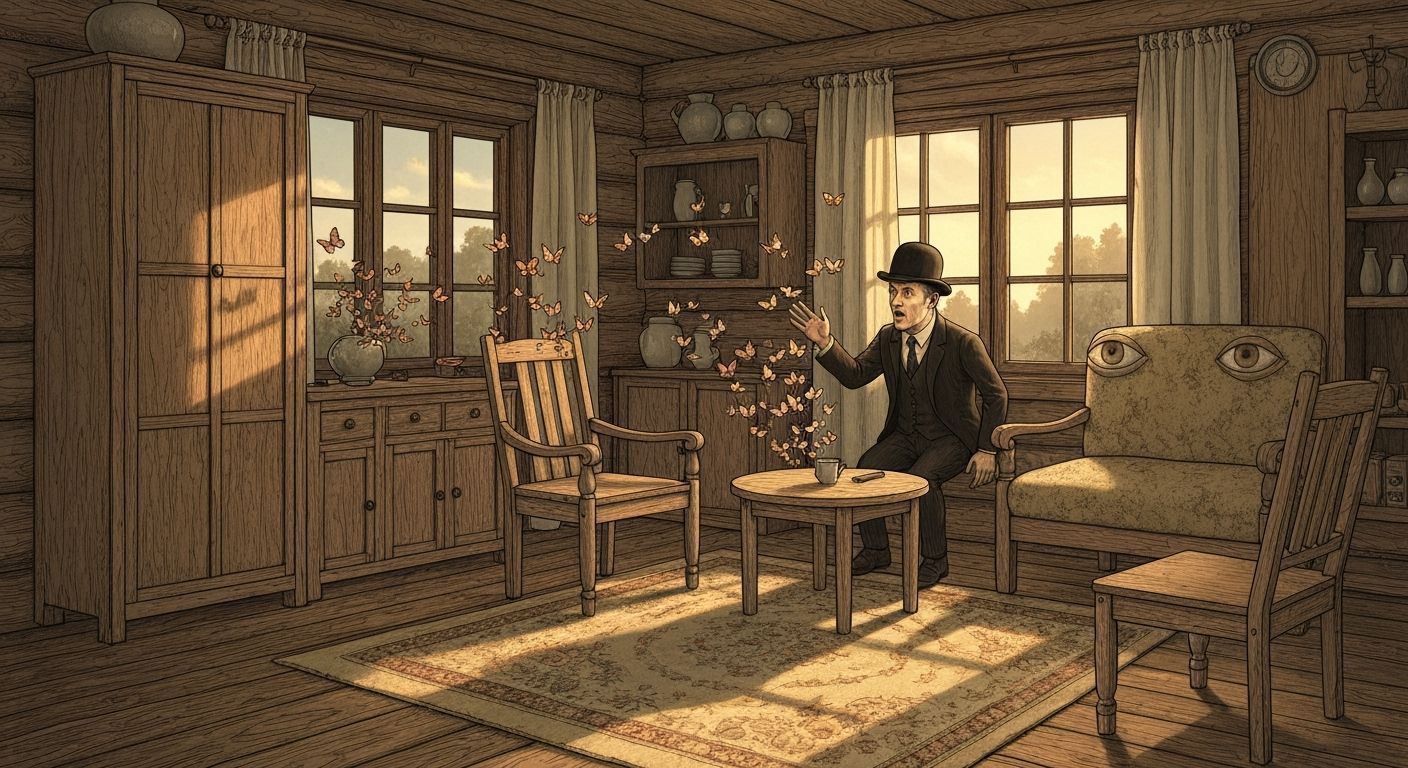 Surreal Cabin Transformation: Eyes to Butterflies