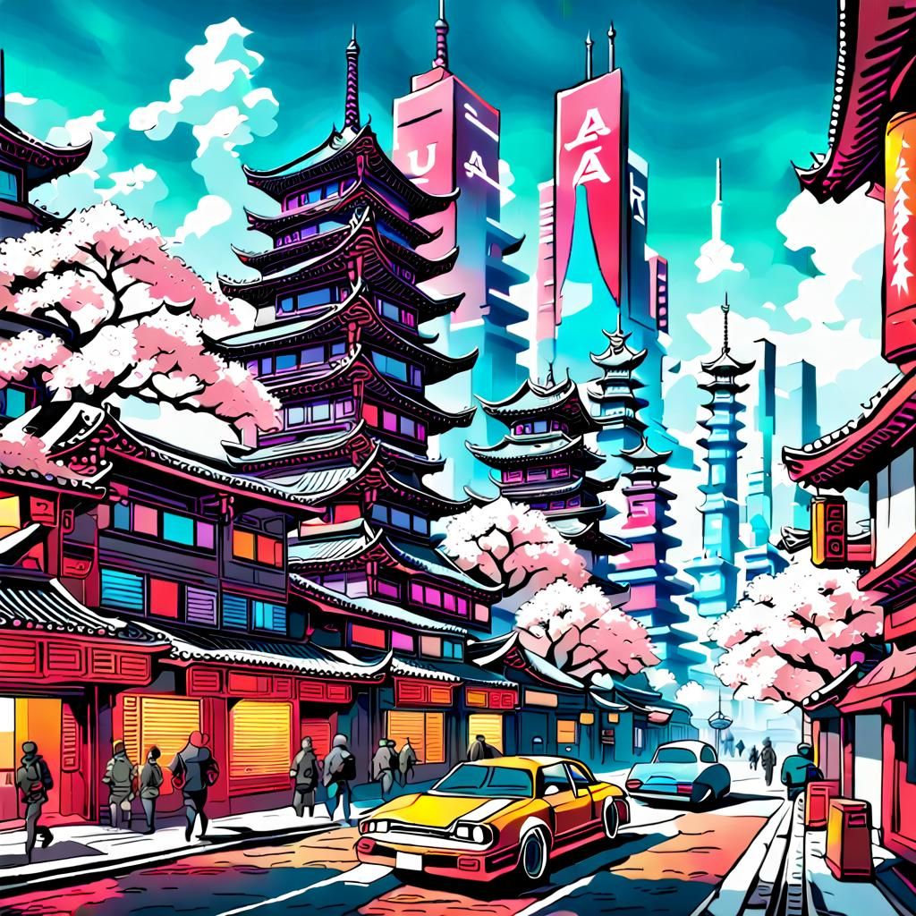Cyberpunk Cityscape with Oriental and Retro Elements