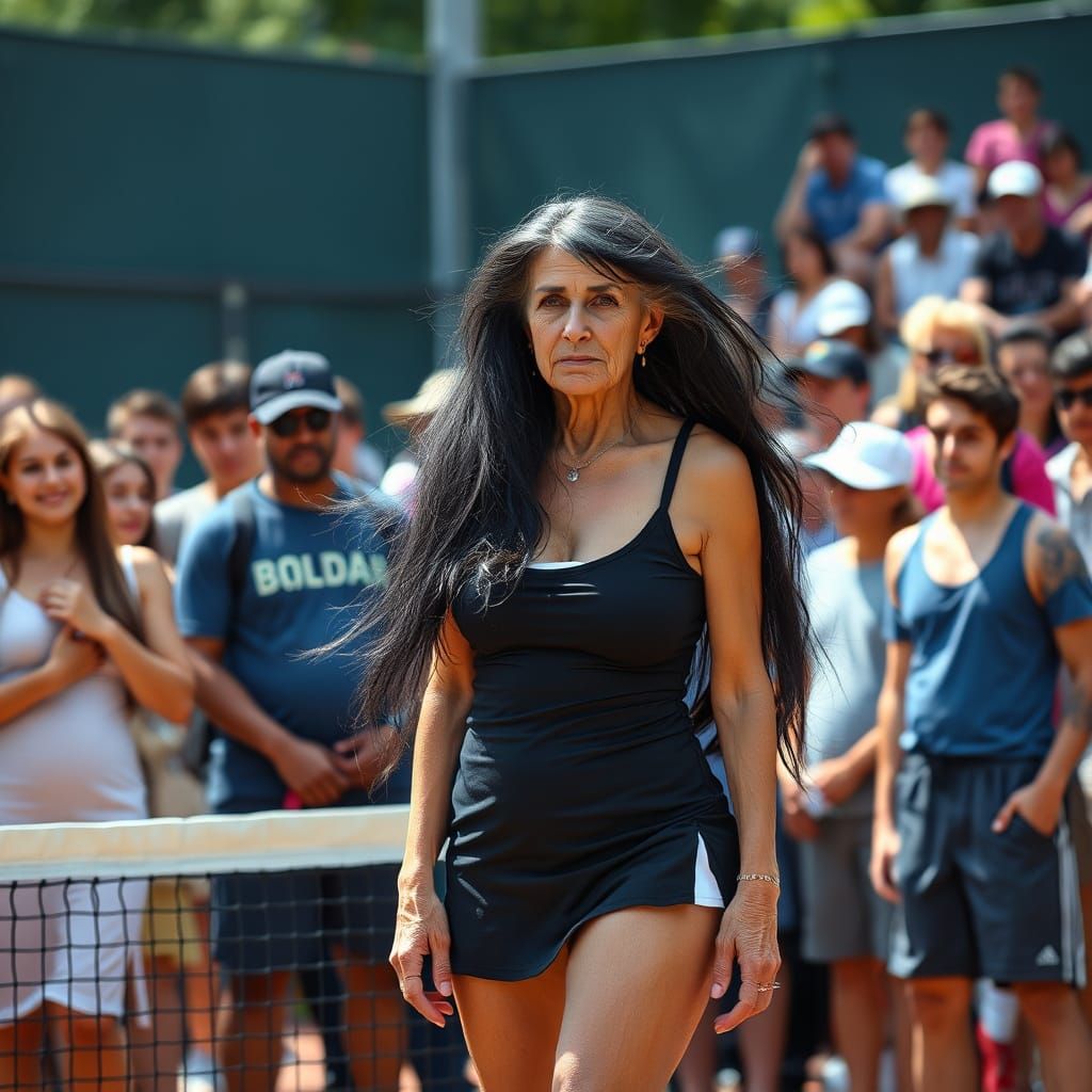 Elderly Person in Tennis Dress on Court