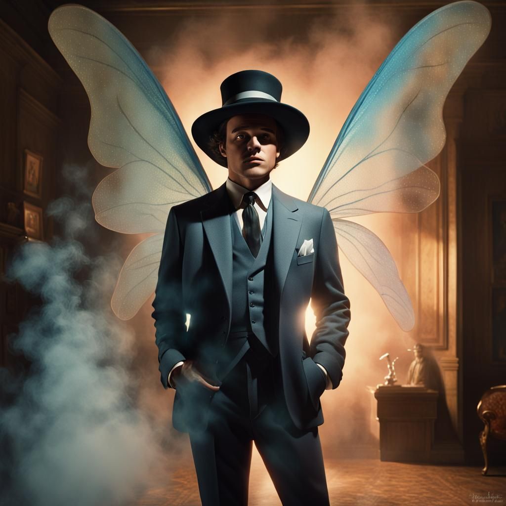 A cartoon fairy Godfather, a cross between Marlon Brando and a winged  fairy in a stereotypical gangster suit and hat