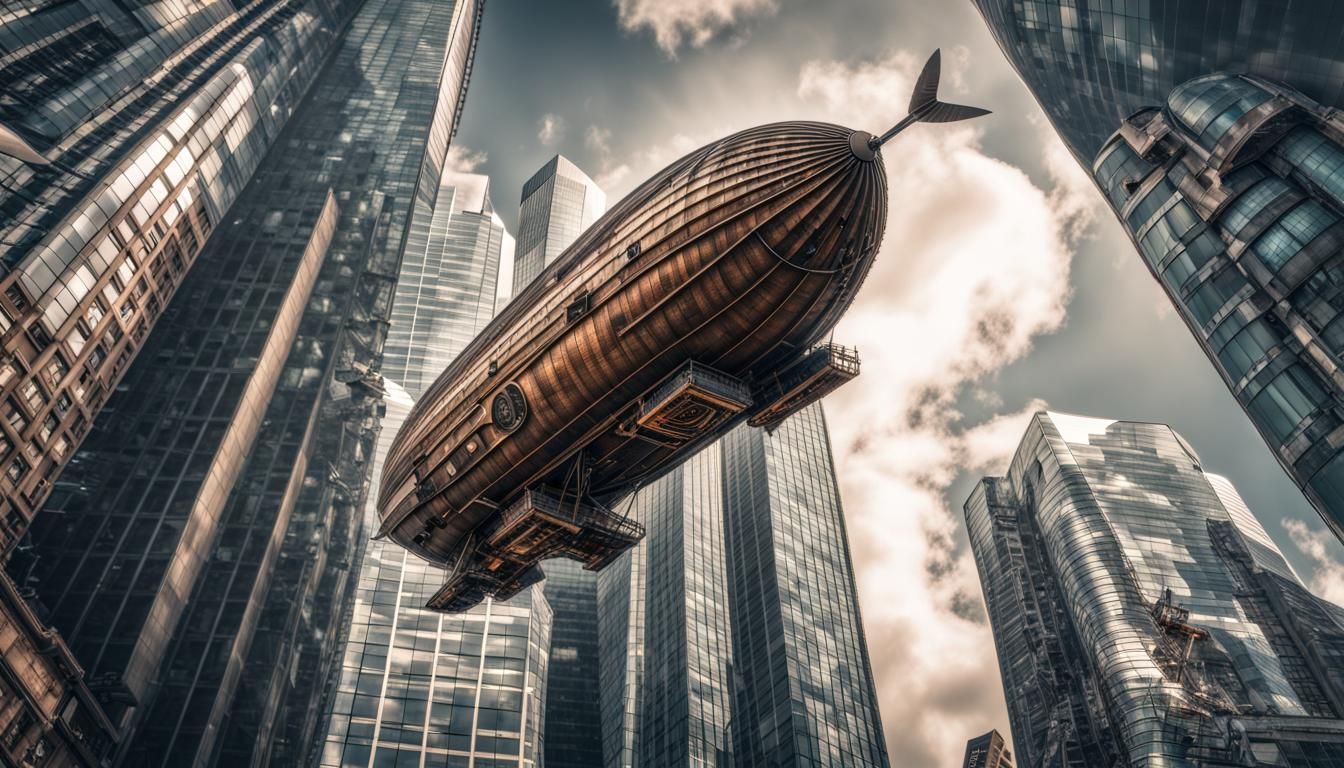 Hyperrealistic Airship Over City Skyscrapers in HDR