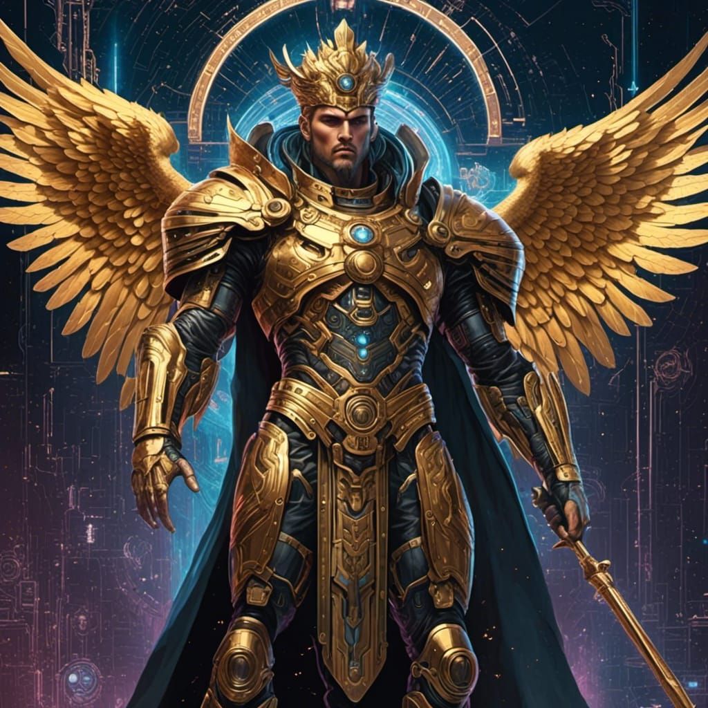 Cosmic Greek God Bestowing Aura in Cyberpunk Style