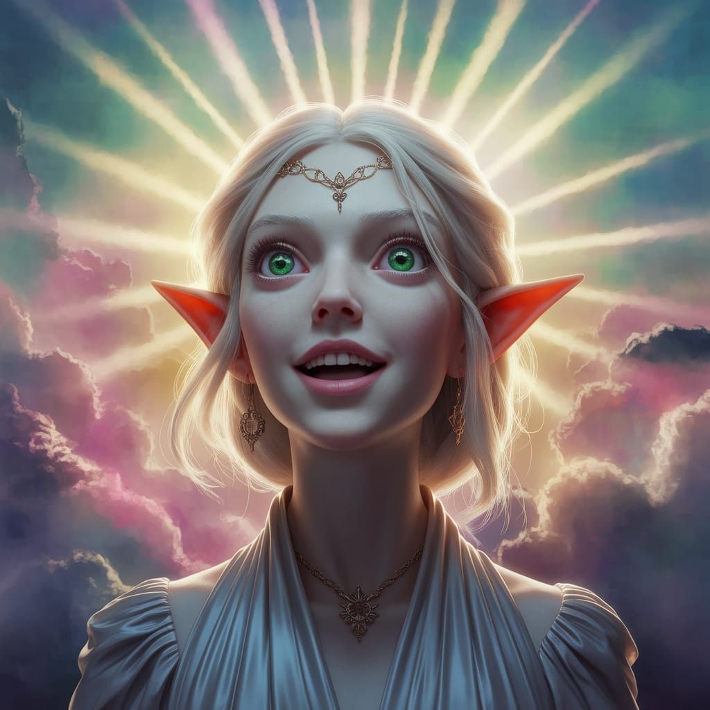 Joyful Elf with Emerald Eyes in Ethereal Sunlight