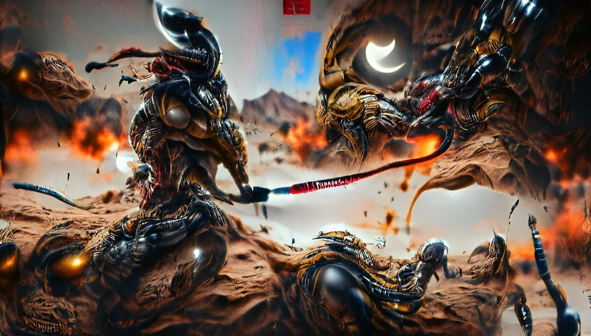 Armored Samurai Battles Exploding Moon, Digital Art