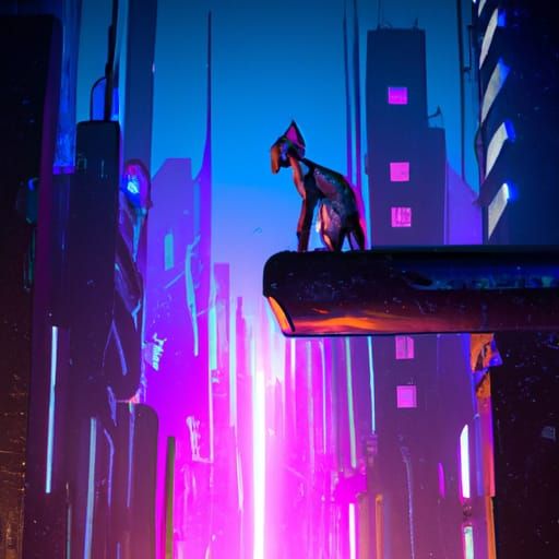 Cyberpunk Cat Overlooking Neon Cityscape at Night