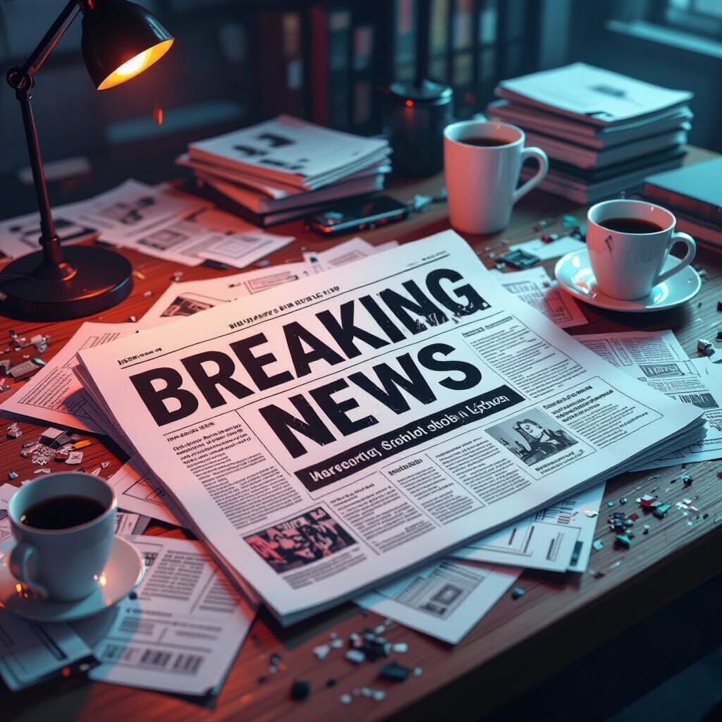 Futuristic Noir Breaking News Desk Scene