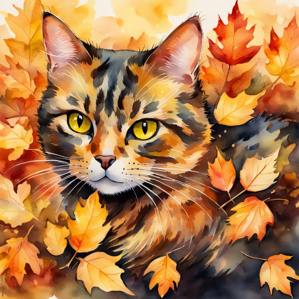Tortoiseshell Cat in Autumn Leaves Watercolor
