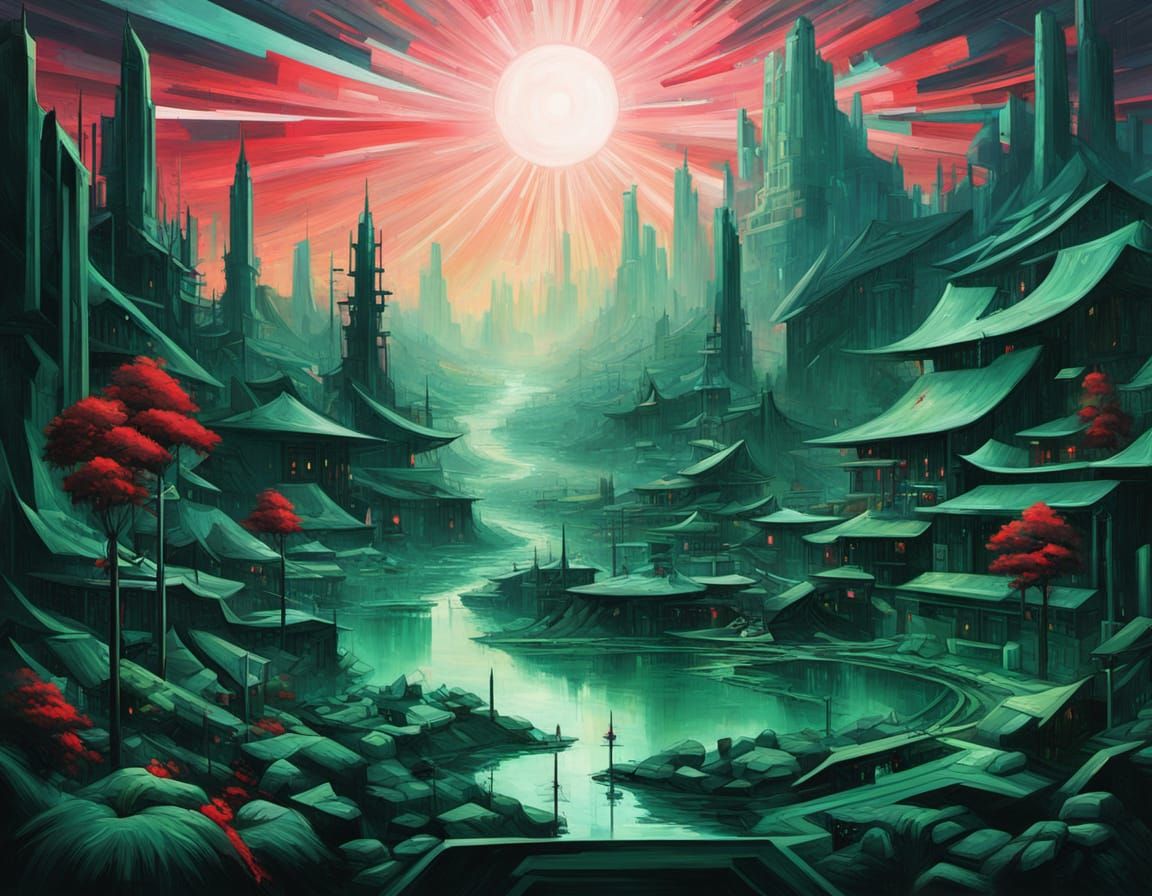 Ethereal Cyberpunk Landscape Painting in Cubist Style