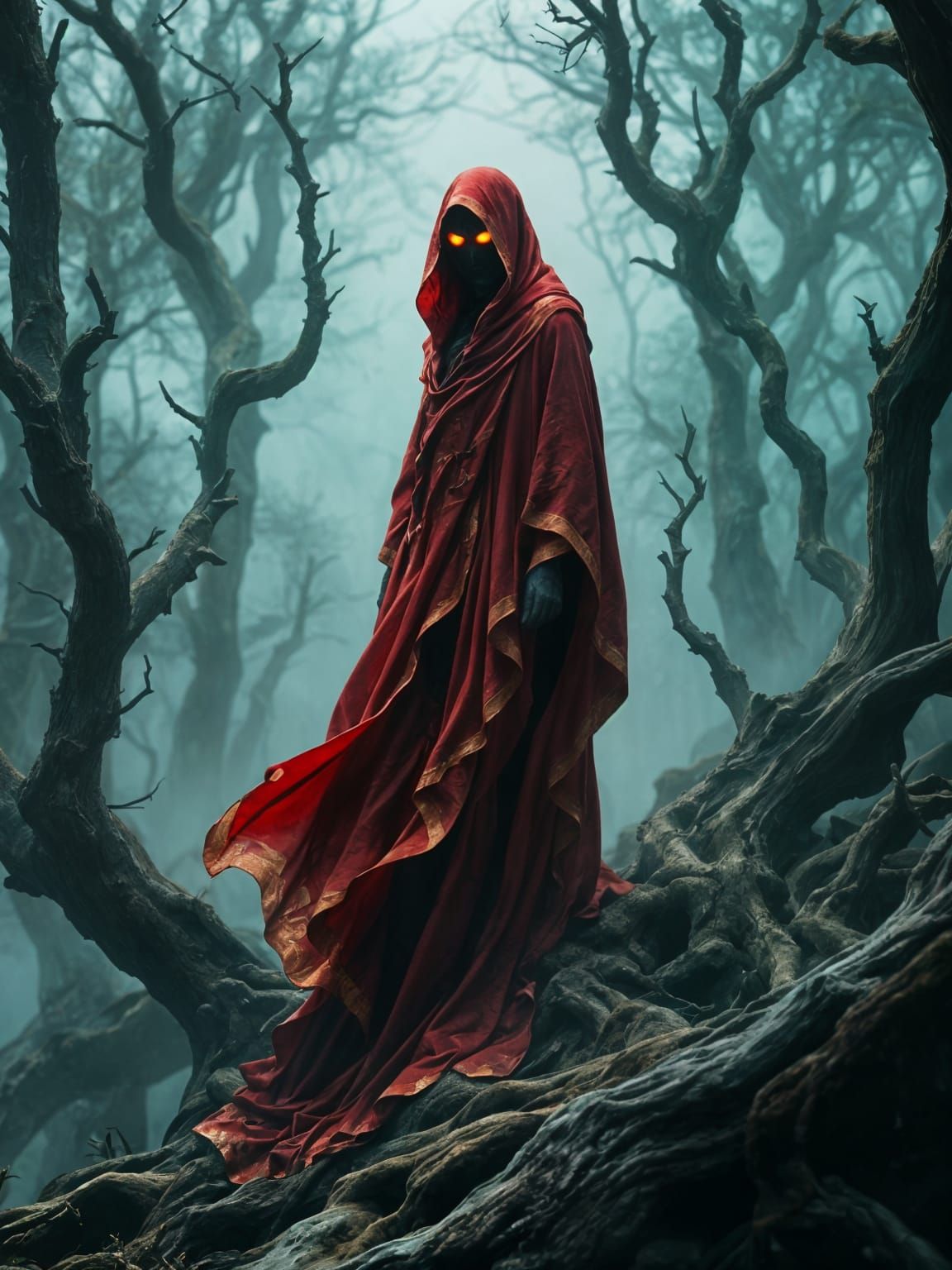 Eerie Forest Figure in Red Cloak, Hyperdetailed Art