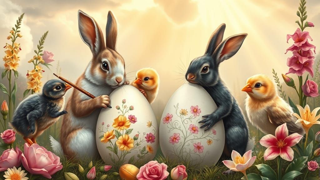 Rabbits and Chicks Painting Easter Eggs with Floral Motifs