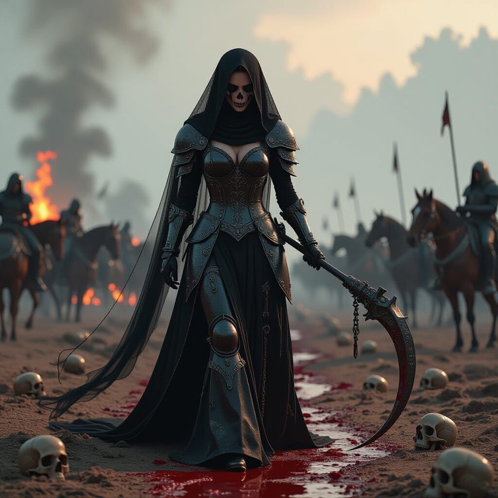 Gothic Warrior Woman with Scythe on Desolate Battlefield