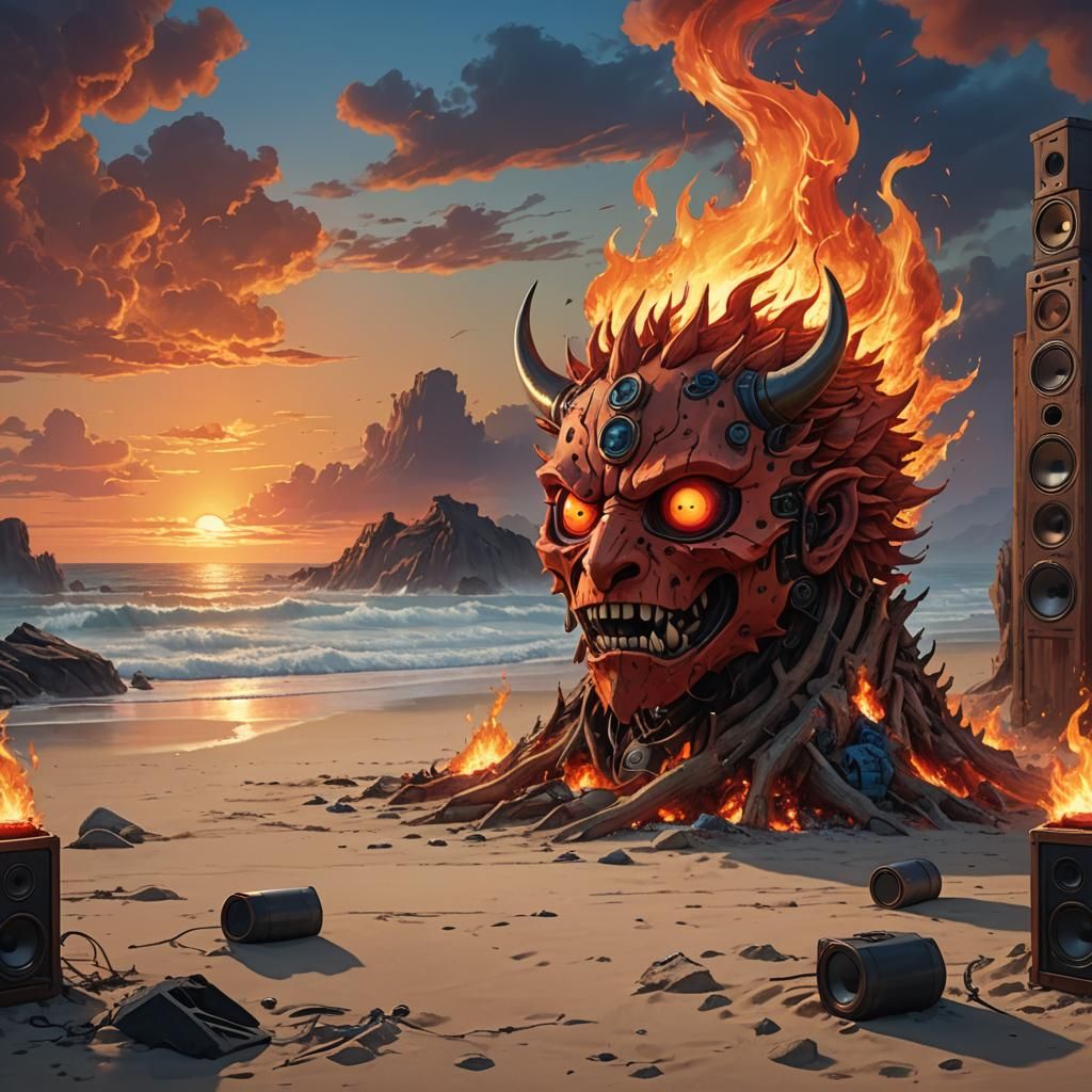 Fiery Devil Head on Beach, Ghibli-Inspired Art