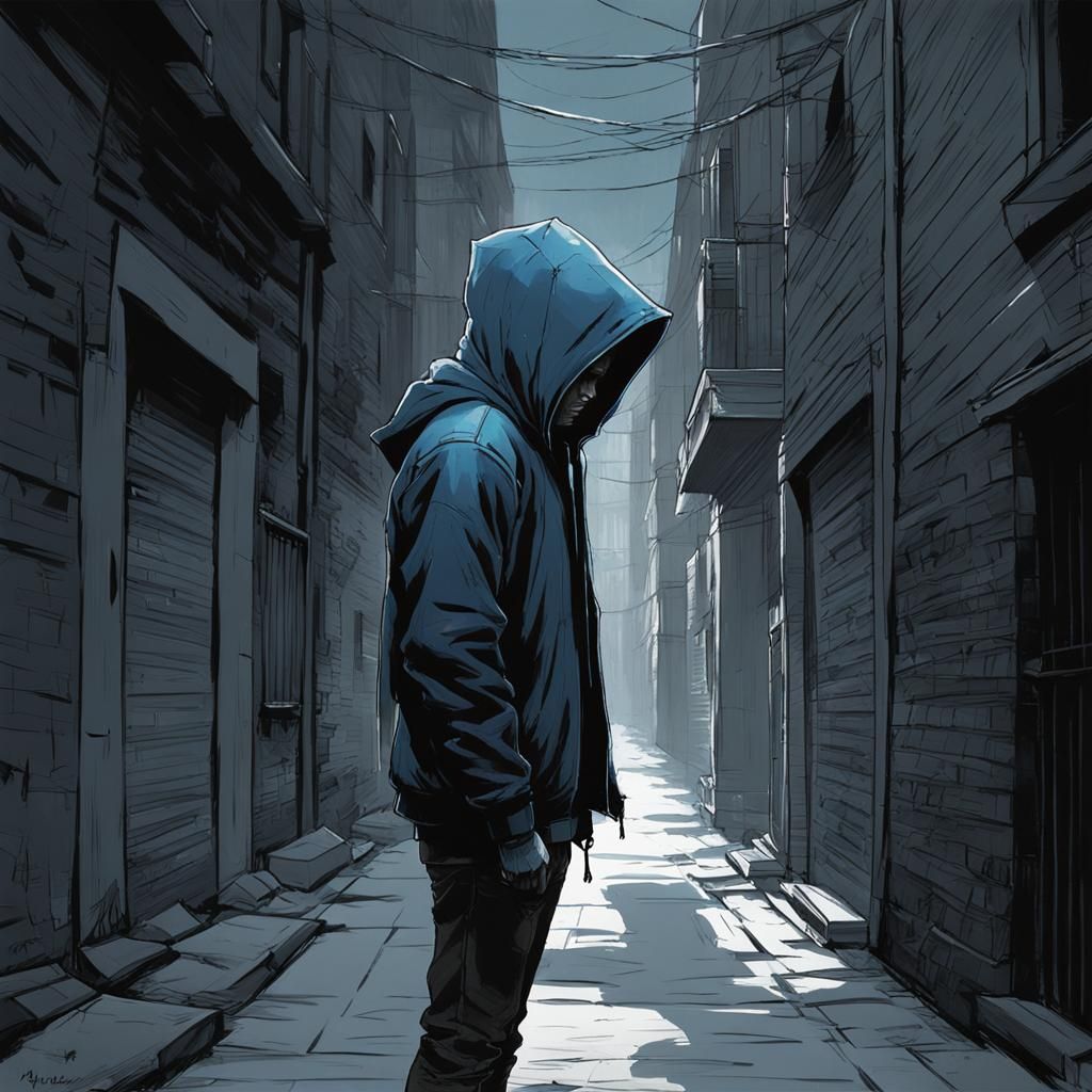 Shadowy Figure in Alleyway, Oil Painting Line Art