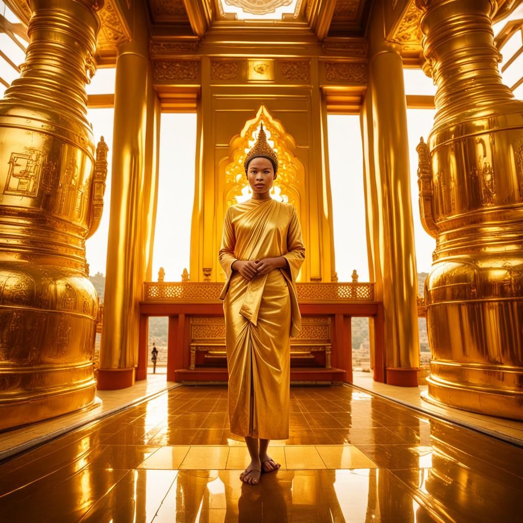 Woman at Golden Temple, Burma: Wide Angle View