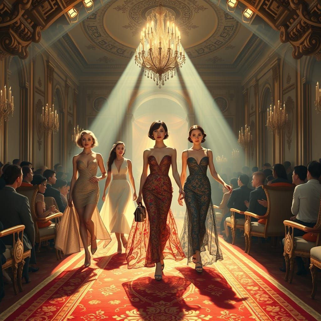 Elegant Women's Vintage Fashion Show in Art Nouveau Style