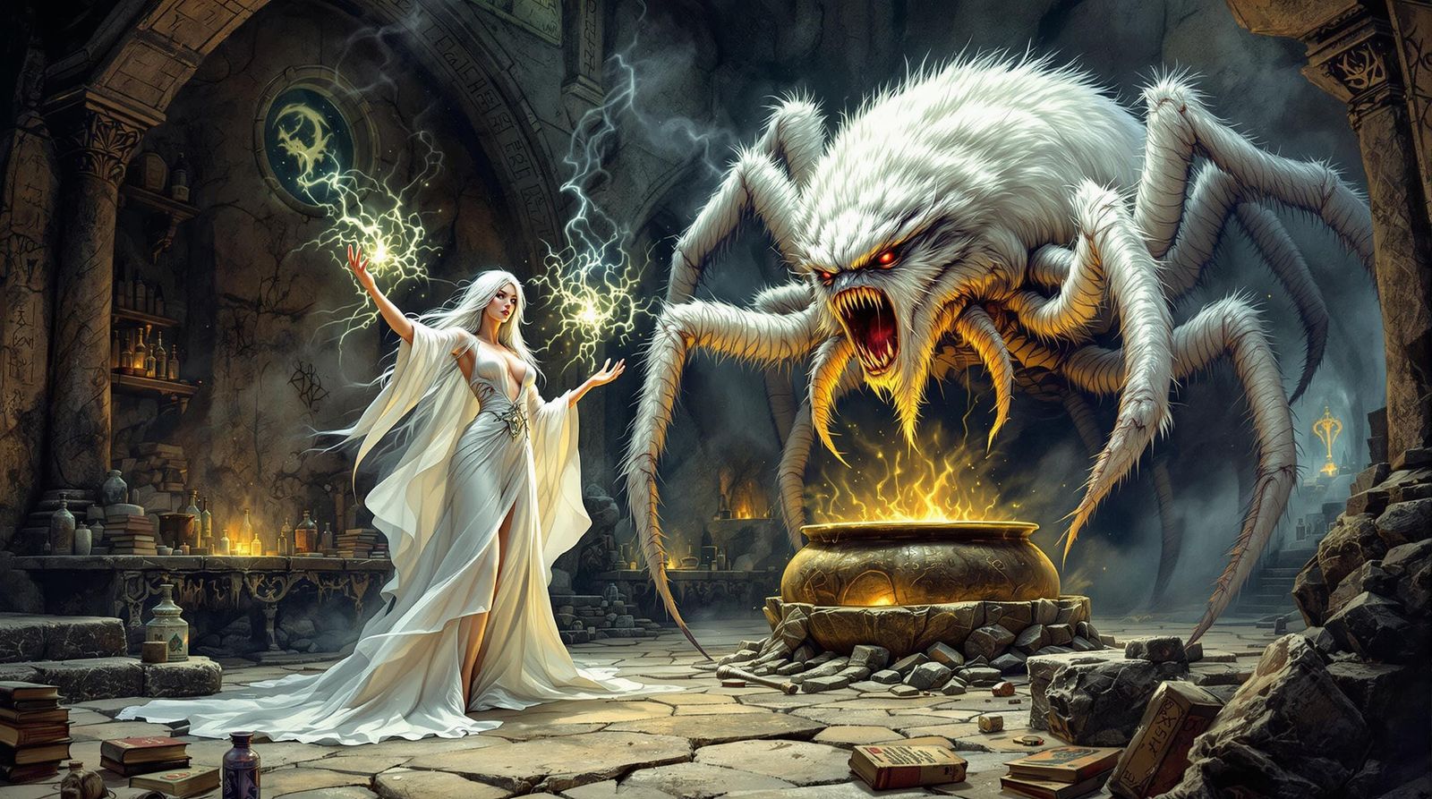 White Witch and Spider in Fantasy Chamber, Frazetta Style