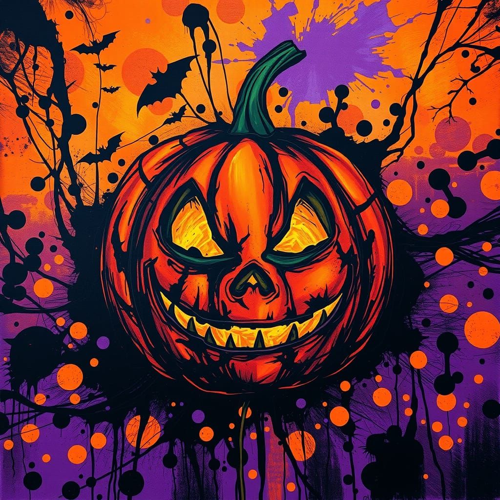 Jack-O-Lantern with Abstract Ink Splatters in Expressionist ...