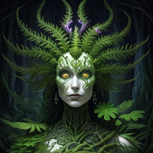 Surreal Woman Merging With Biomechanical Fern