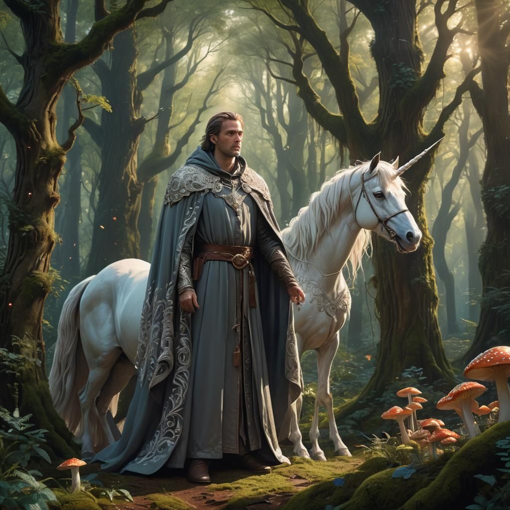 Mystical Seeker with Unicorn in Lush Forest