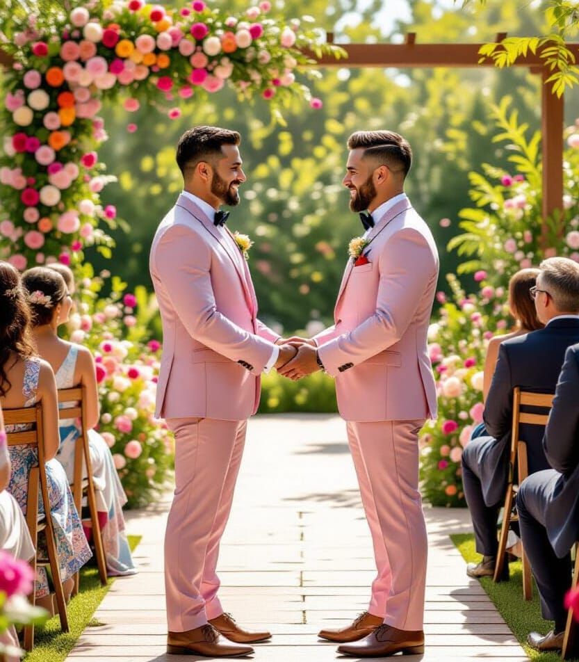 Gay Wedding in Lush Garden: Pink Tuxedos