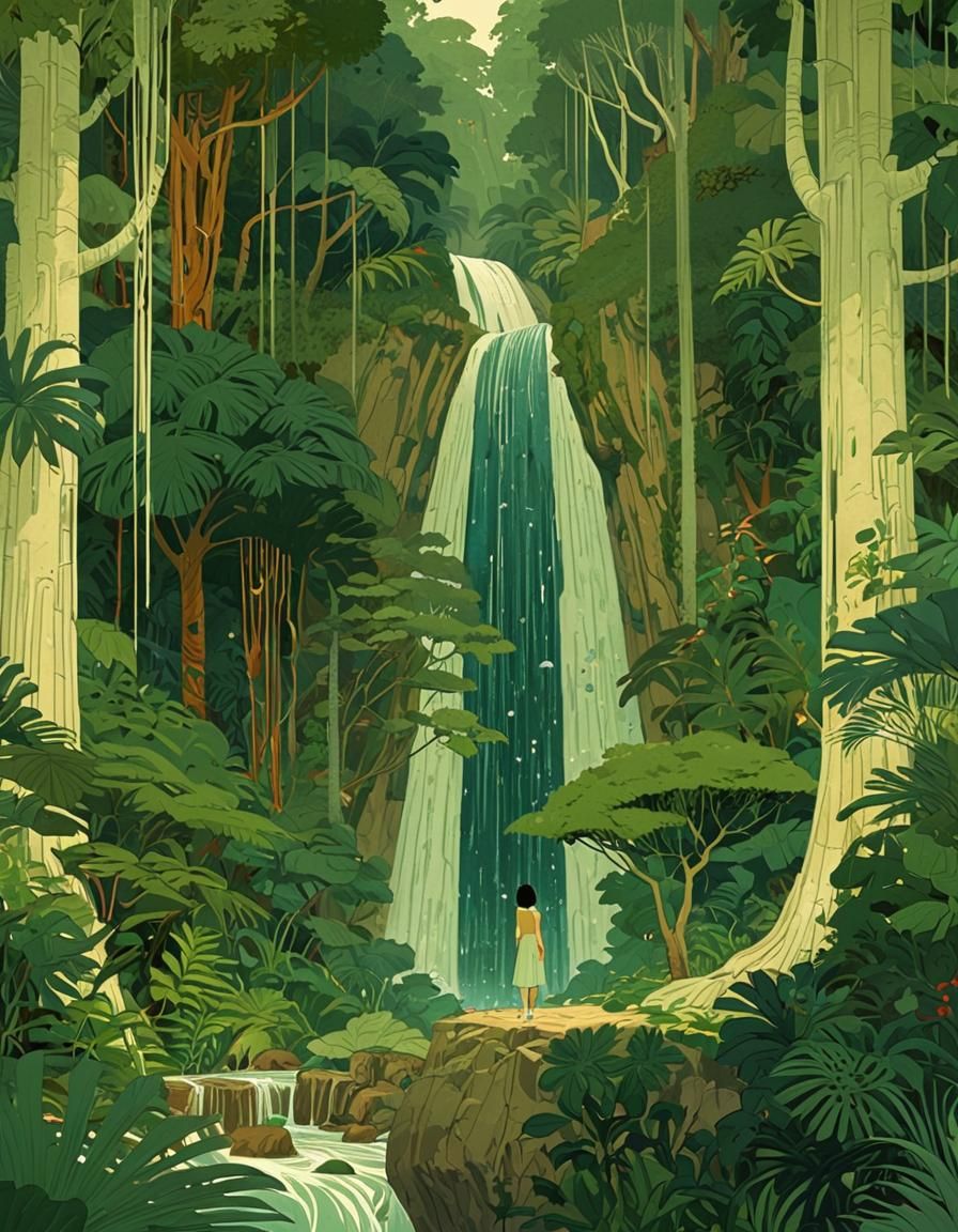 Woman at Jungle Waterfalls, Composite Digital Art