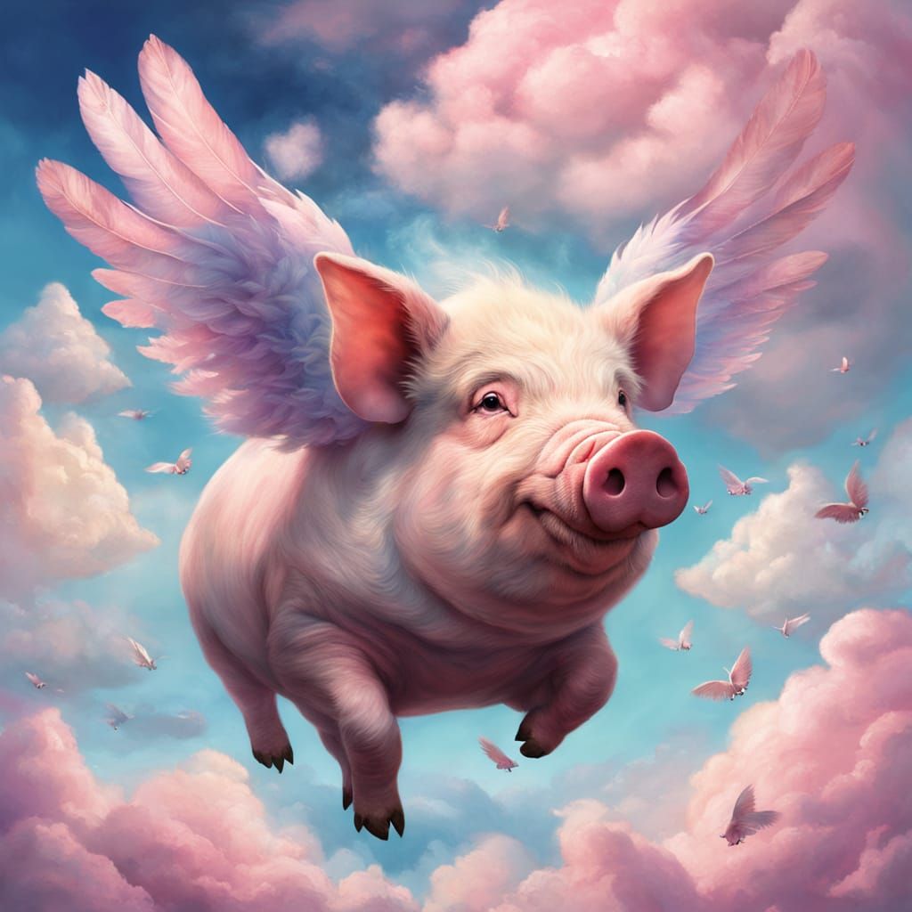 chubby flying pig with giant feather wings, soaring through ...