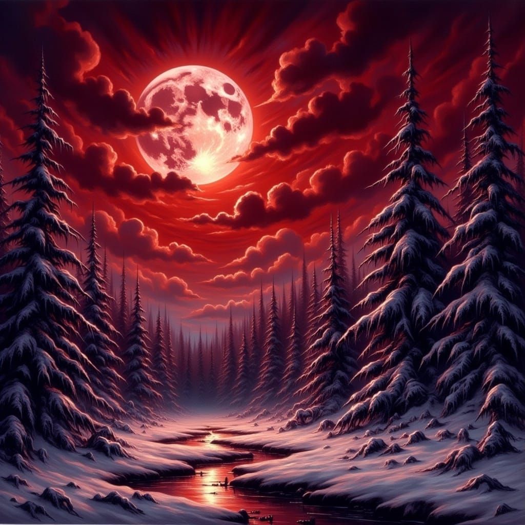 Blood-Red Winter Moonlit Landscape in Dark Fantasy Style