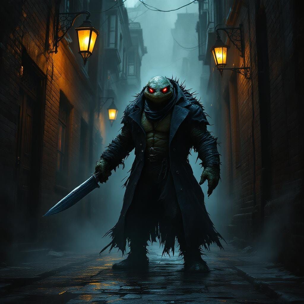 Ominous Anthropomorphic Turtle in Dark Victorian Alley