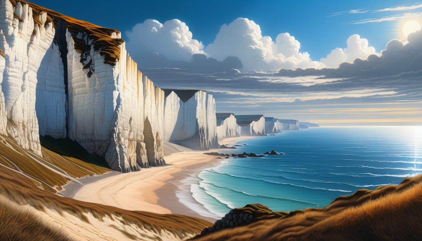 Majestic White Cliffs Rise From Calm Sea at Golden Hour