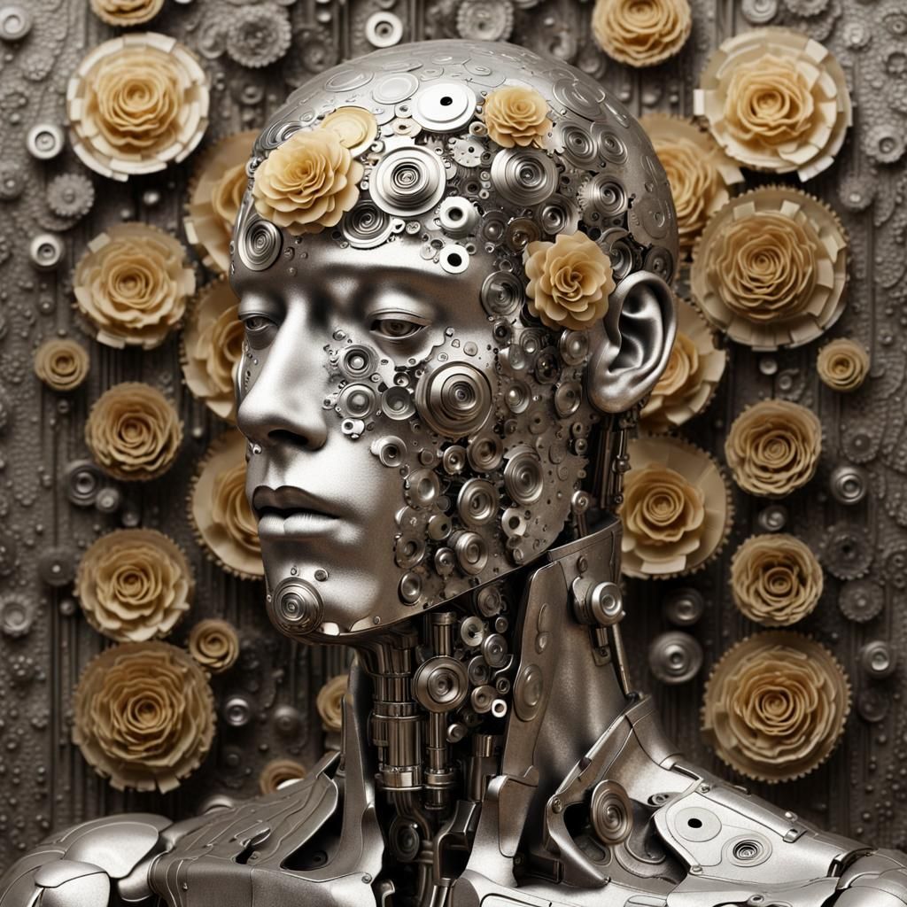 Mechanical Man in Gustav Klimt and Beksinski Style