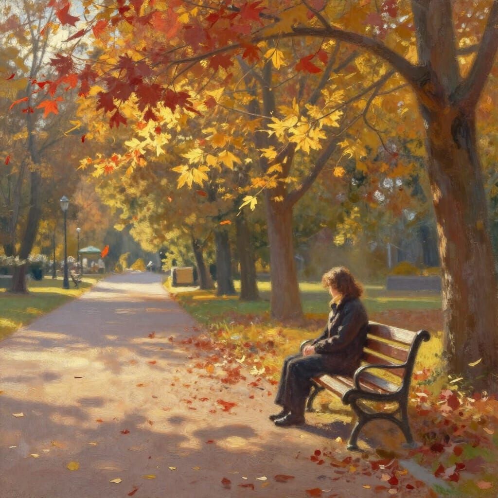 Golden Hour Solitude: Figure on Park Bench in Autumn Light