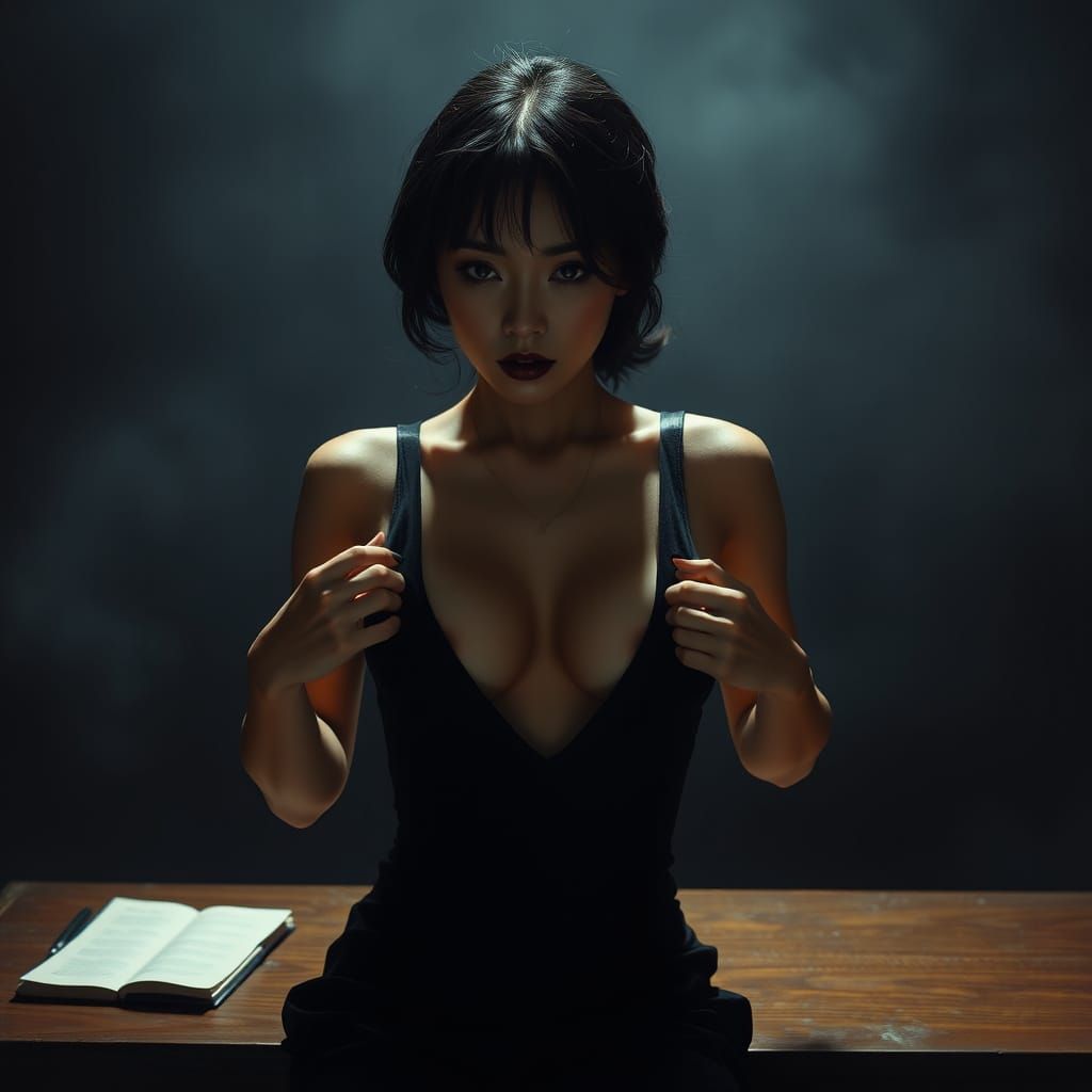 Japanese Woman in Dark Romantic, Maximalist Style