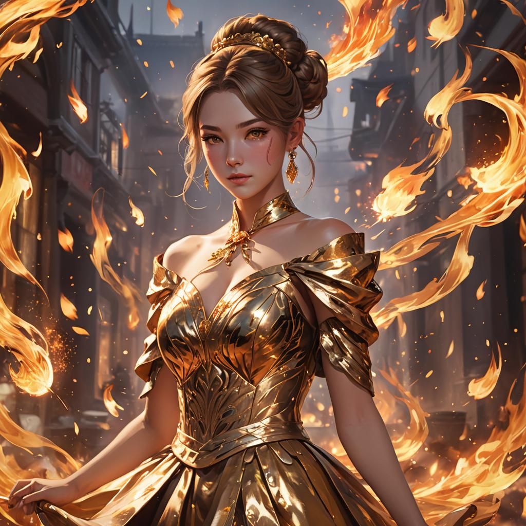 Woman in Gold Dress Amidst Swirling Fire