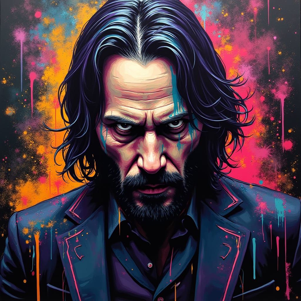 Vibrant, Graffiti-Style John Wick Portrait in Dark Psytrance...
