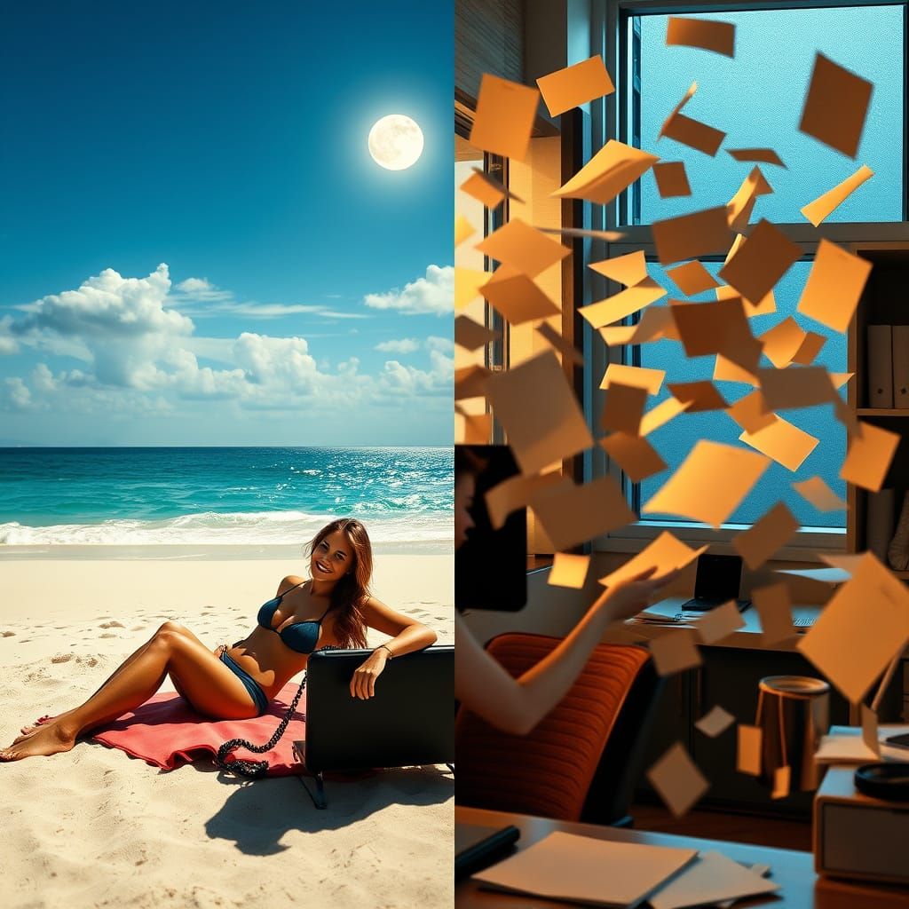 Contrasting Scenes: Beach Bliss vs. Office Chaos