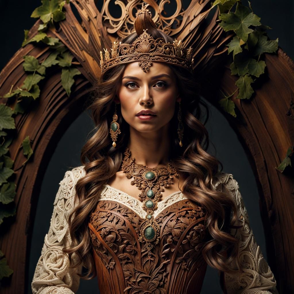 Wooden Dress and Crown: Ethereal Digital Painting