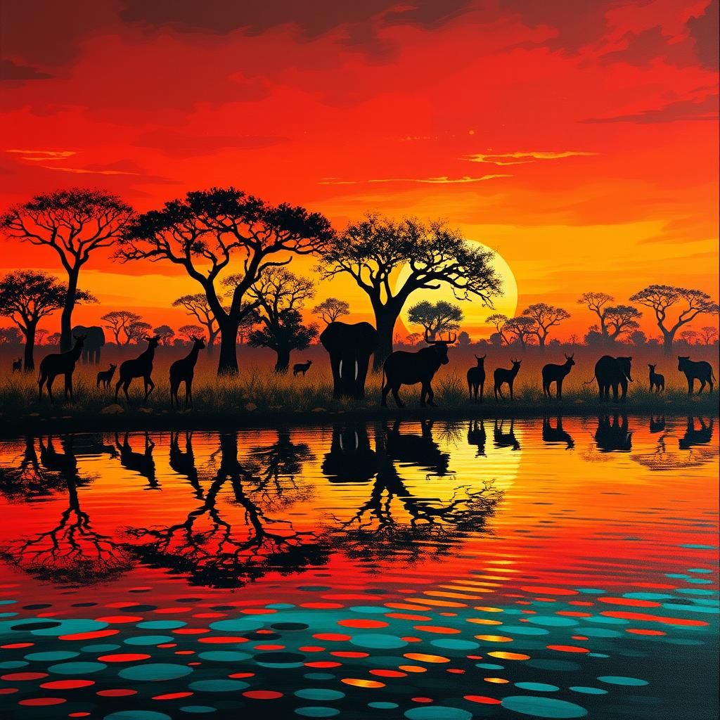 African Savanna at Dusk: Acacia Trees and Wildlife