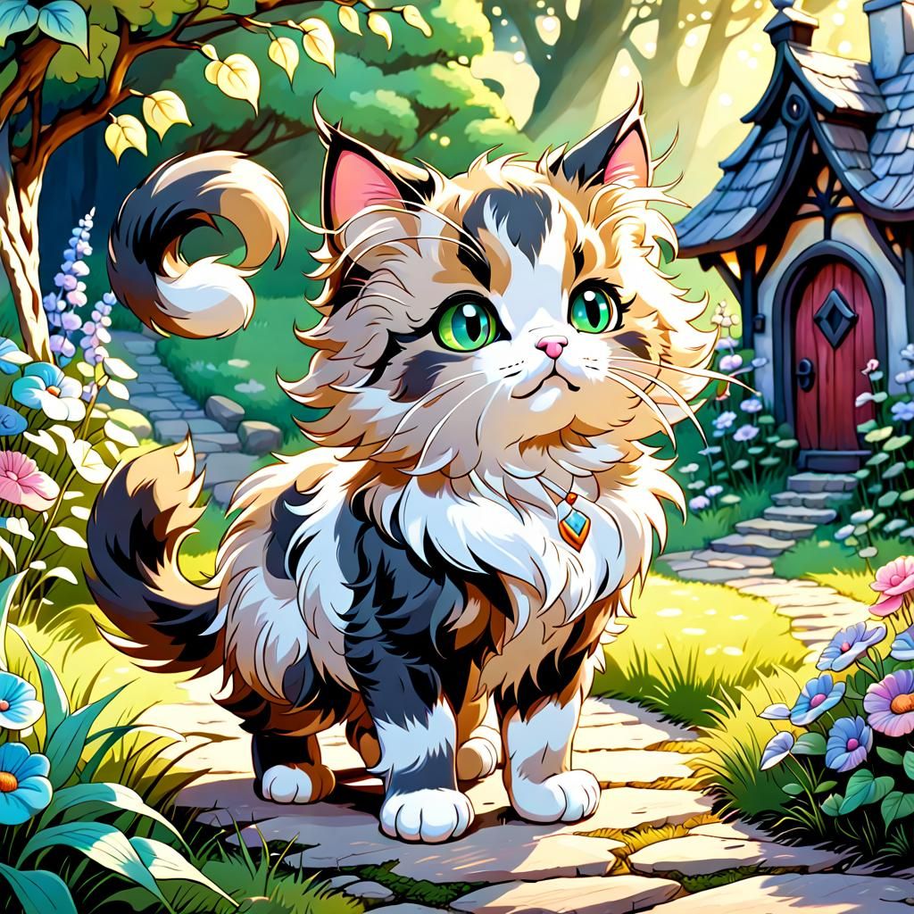 Beautiful fluffy chibi cat, fantasy background, art by arthu...