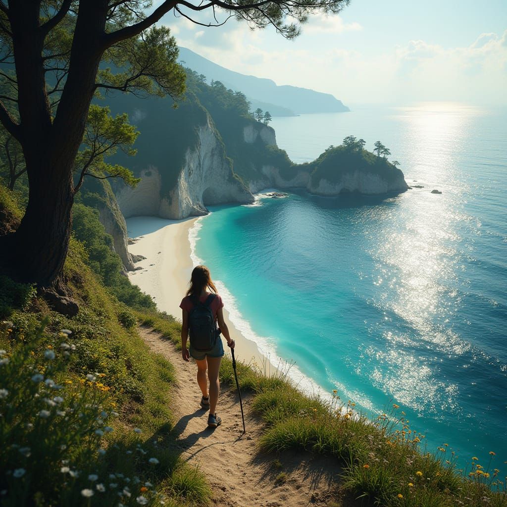 Epic Cliffside Hiker Approaches a Serene Beach in a Vibrant ...