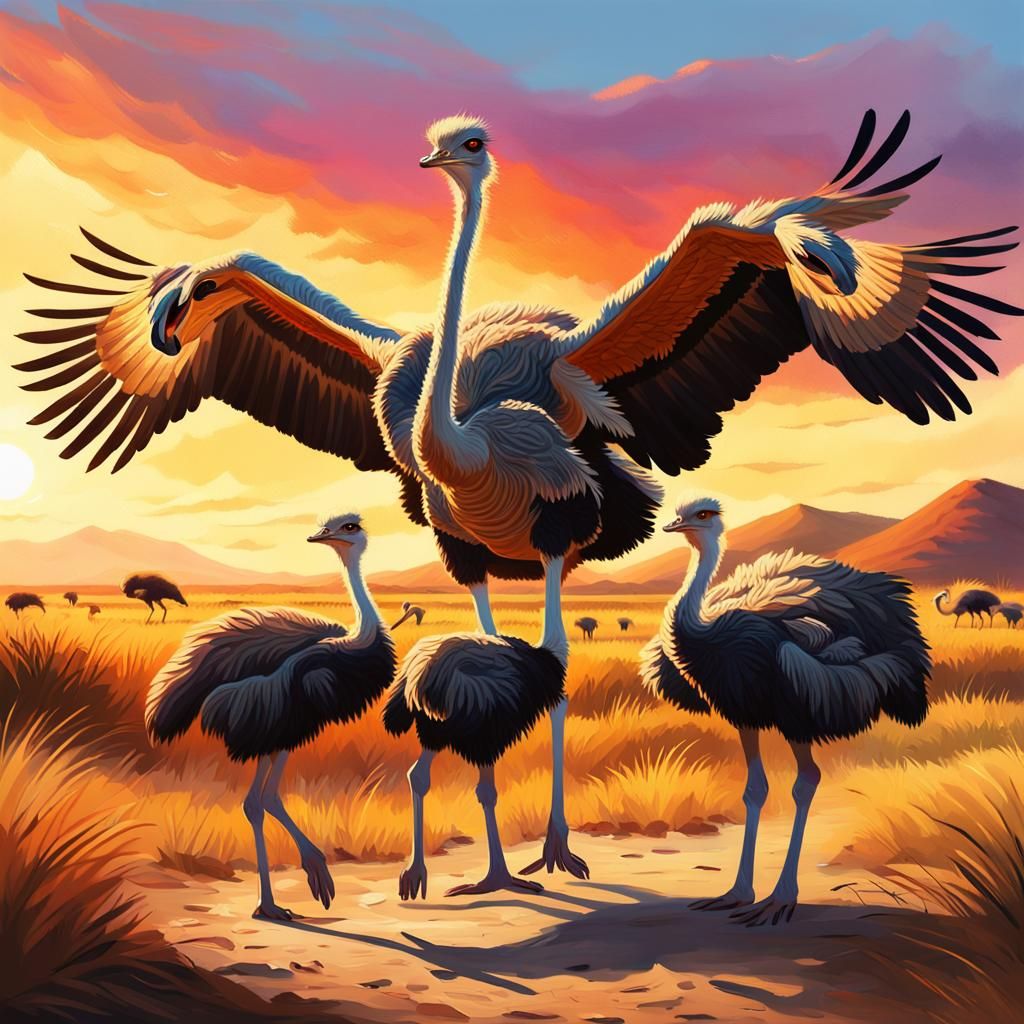 Ostrich Protecting Babies in Golden Light