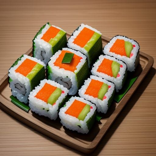 Vibrant Sushi Arrangement on Traditional Japanese Board