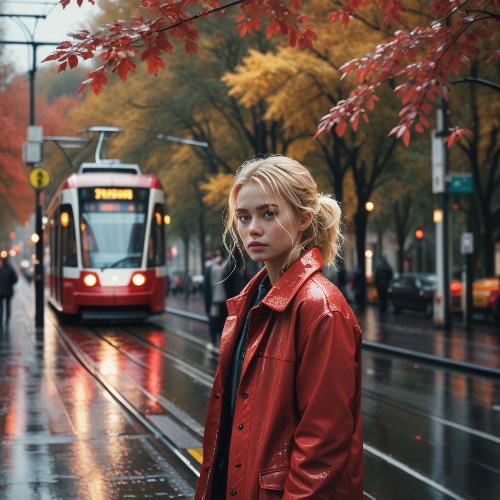 Rainy Cityscape with Red Tram in Film Noir Style