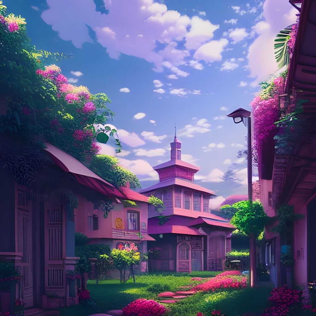 Serene Lofi Village in Cel-Shaded Digital Art