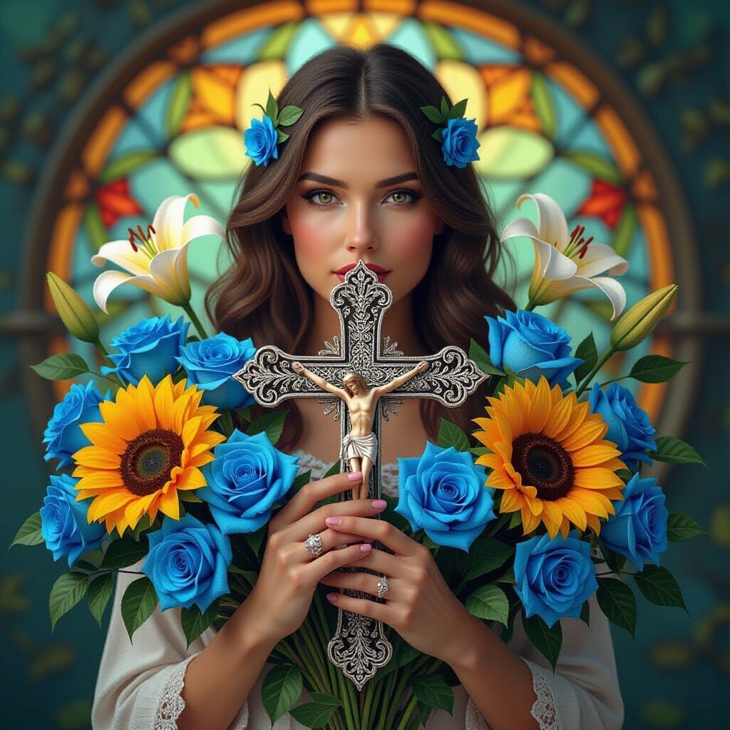 Woman with Cross and Floral Arrangement