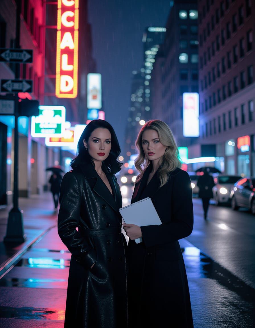 Women in Noir Style on Rainy Manhattan Street