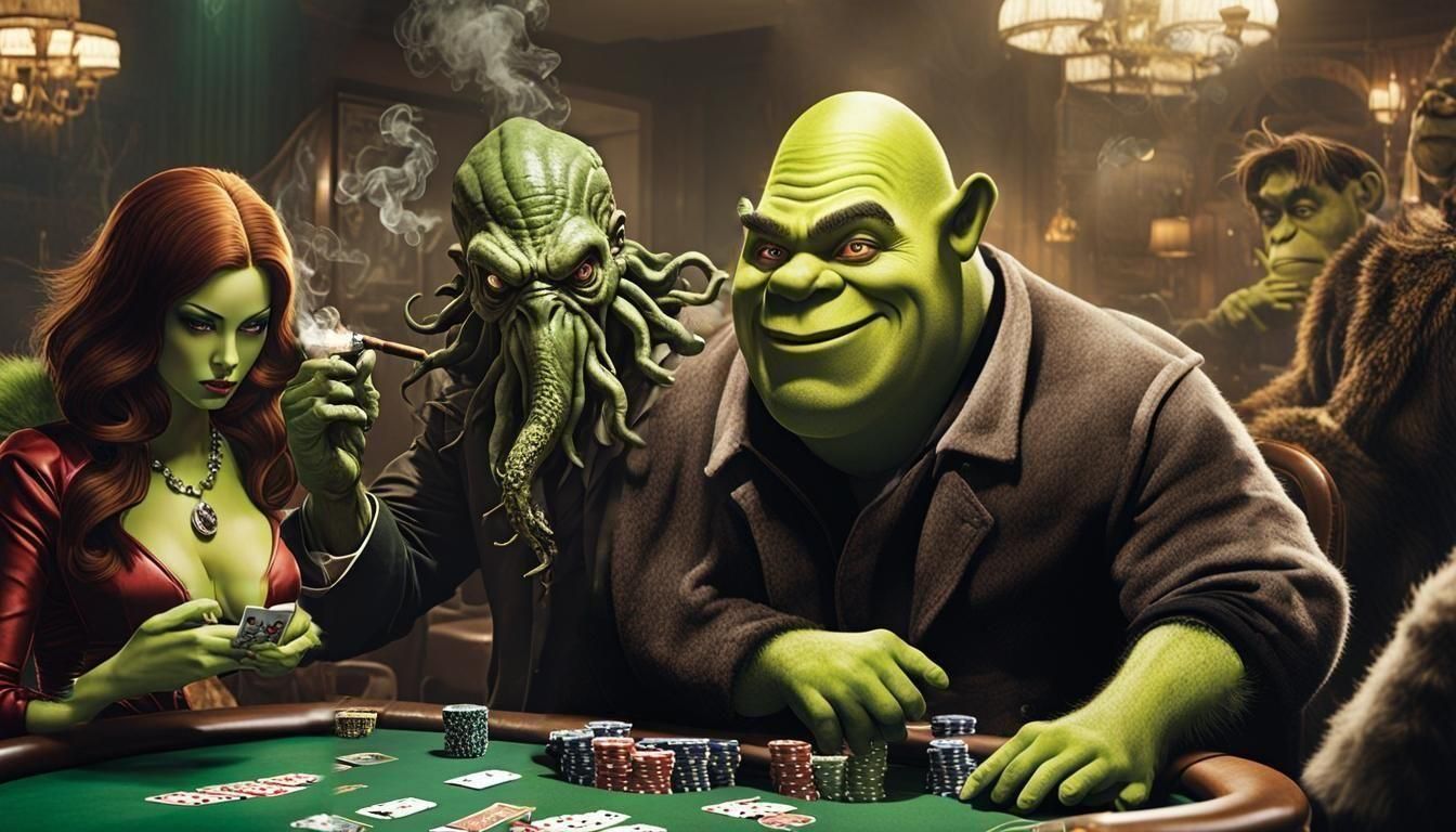 Green Poker Night: Cthulhu, Grinch, and Hulk Splash Art