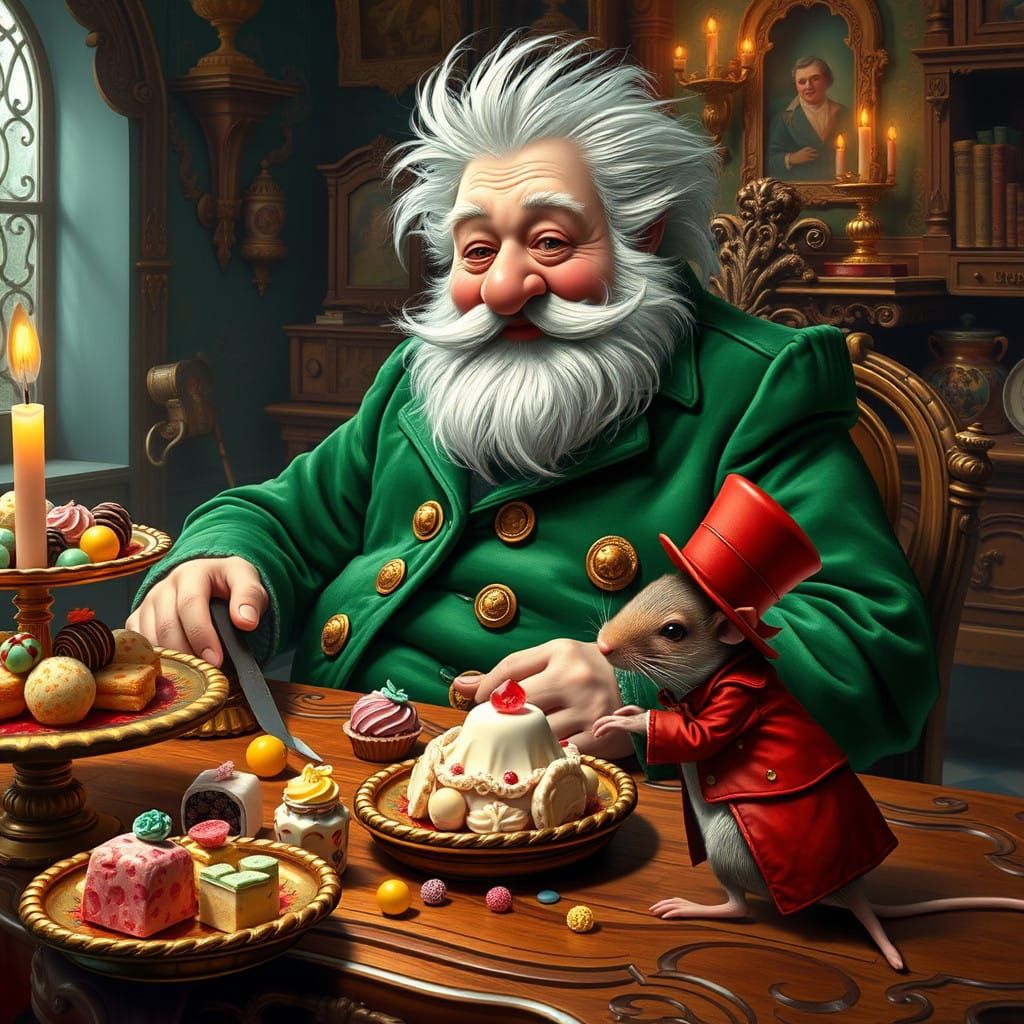 Jovial Gentleman Feasts with Mischief in Whimsical Dreamscap...