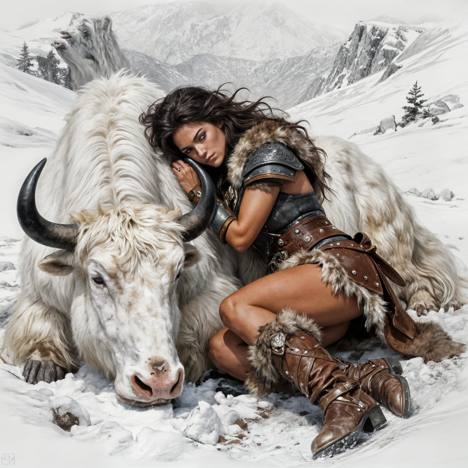 Barbarian Warrioress Rests with Yak on Snowy Ledge
