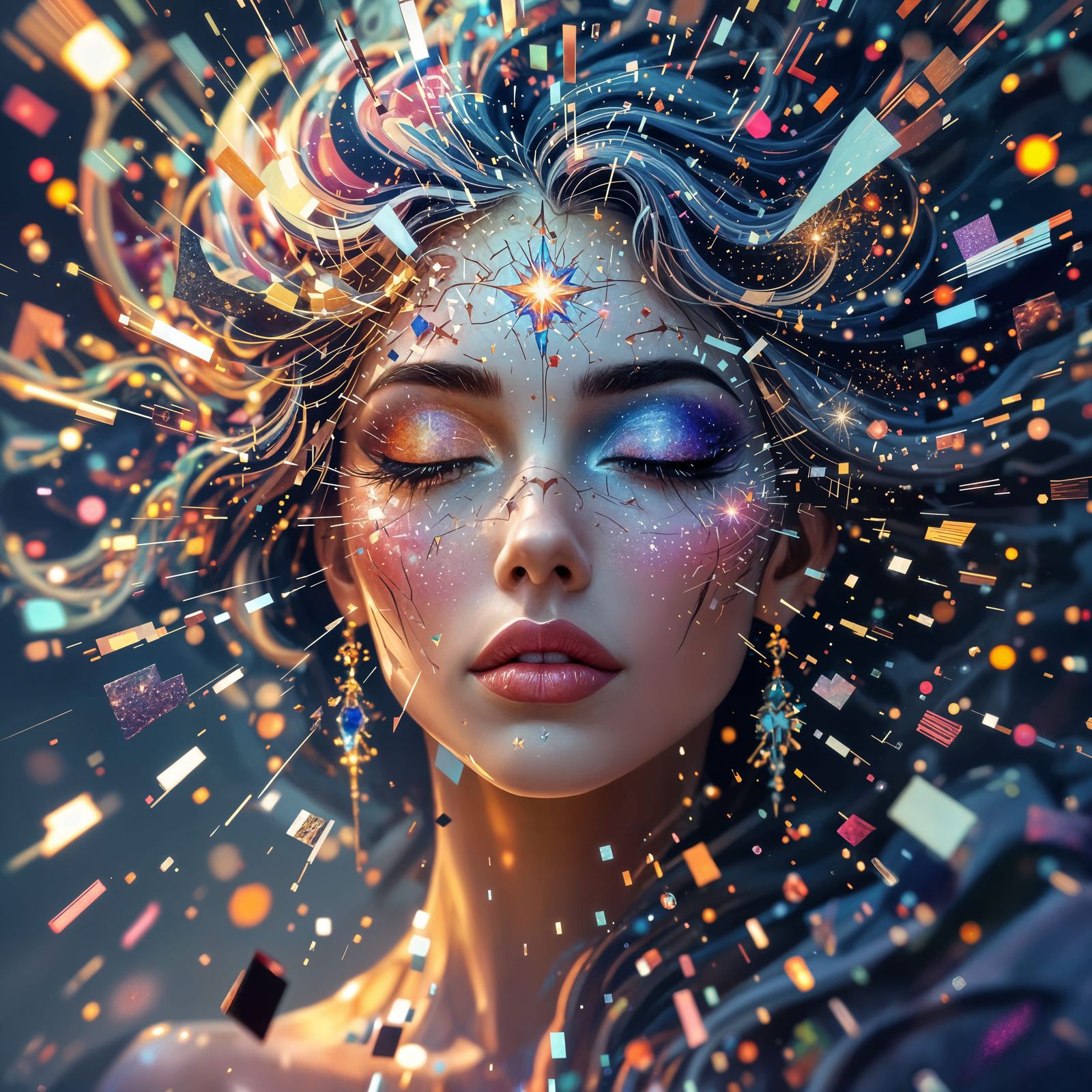 Celestial Goddess Portrait in Glitch Art Style