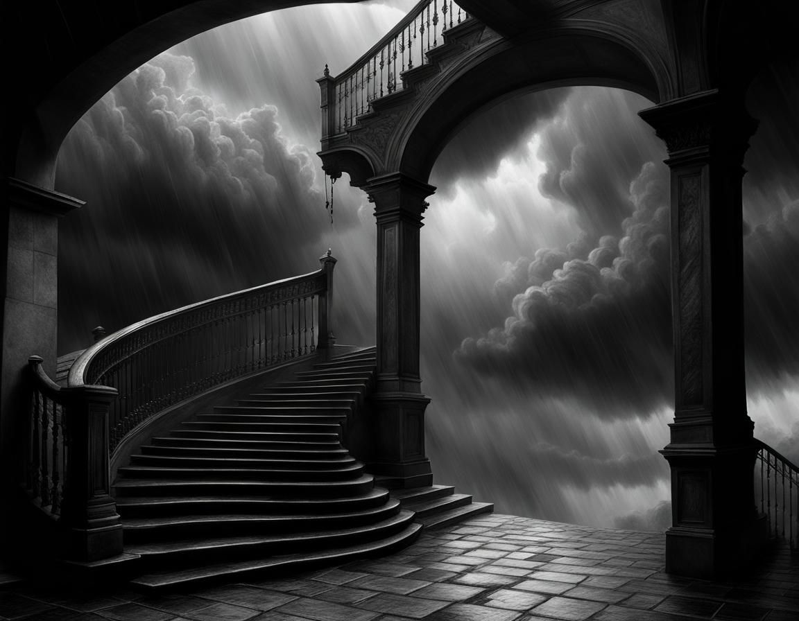 Ornate Staircase Vanishing into Stormy Sky, Etching Style